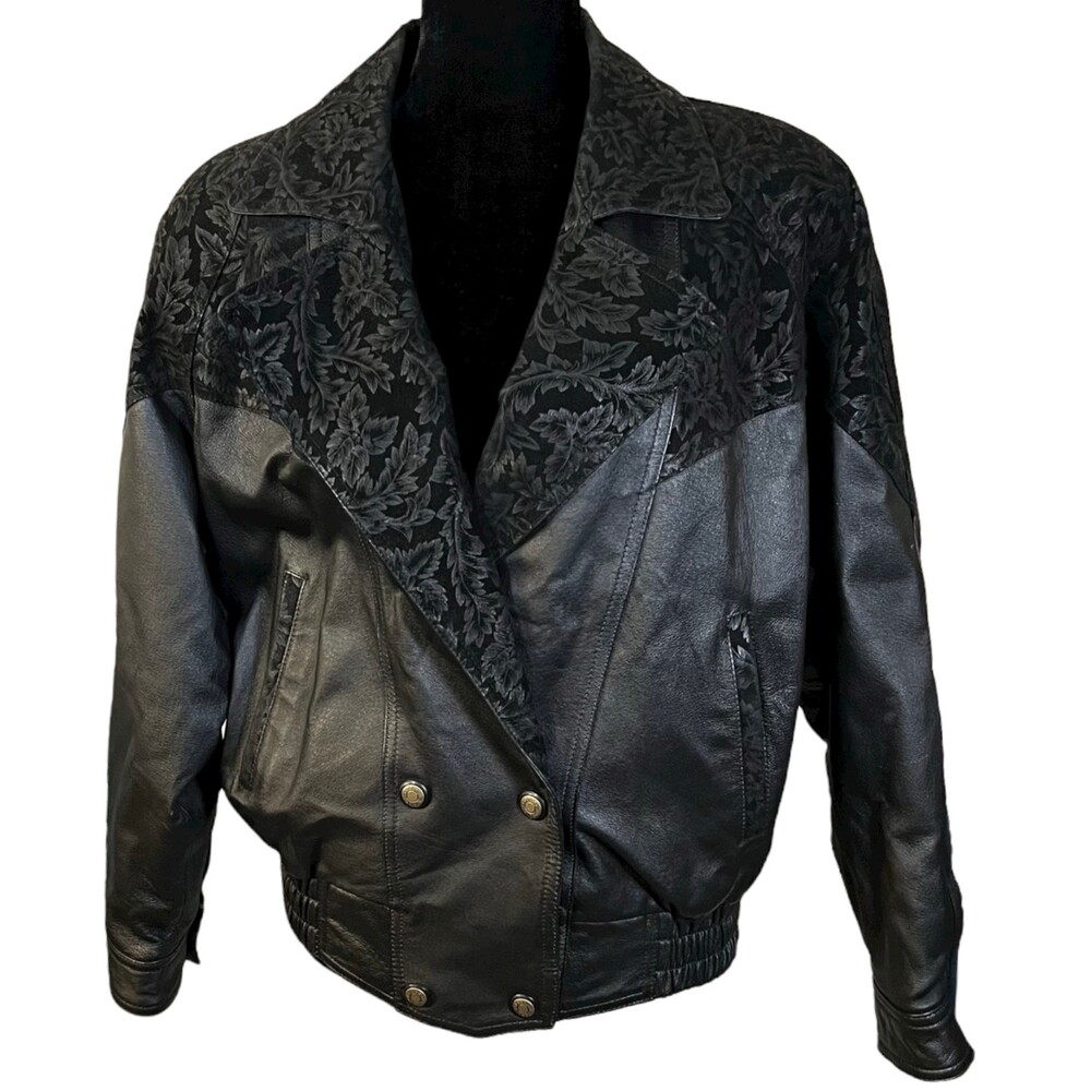 Preston & York Black Leather Floral Embossed Jacket Women's Size Medium